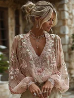Women's Vintage Pink Floral Embroidered Art V-neck Blouse