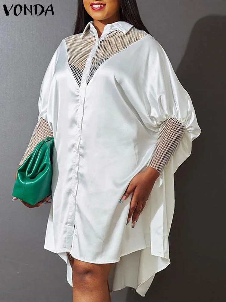 Elegant Patchwork Lace Dress VONDA Women Hollow Out Knee-Lenght Dress Vintage Lantern Sleeve Sundress Casual Vestido Femininas