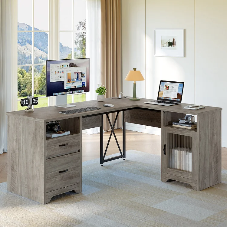 Bestier Farmhouse L Shaped Desk with Drawers, 63"Office Computer Desk with Charging Station & Fluted Storage Cabinet, Corner Desk with File Drawers, Modesty Panel for Home Office, Grey