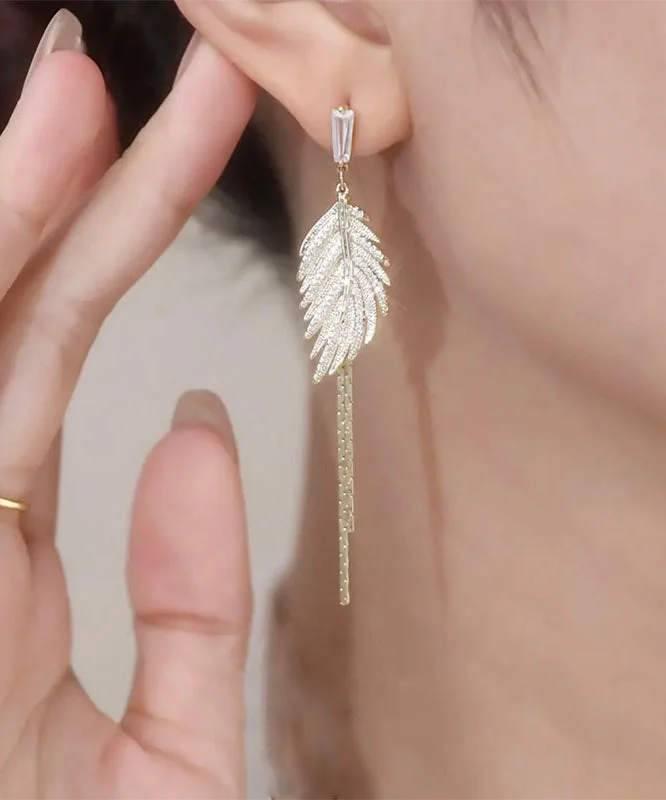 Modern Gold Sterling Silver Overgild Zircon Leaf Tassel Drop Earrings