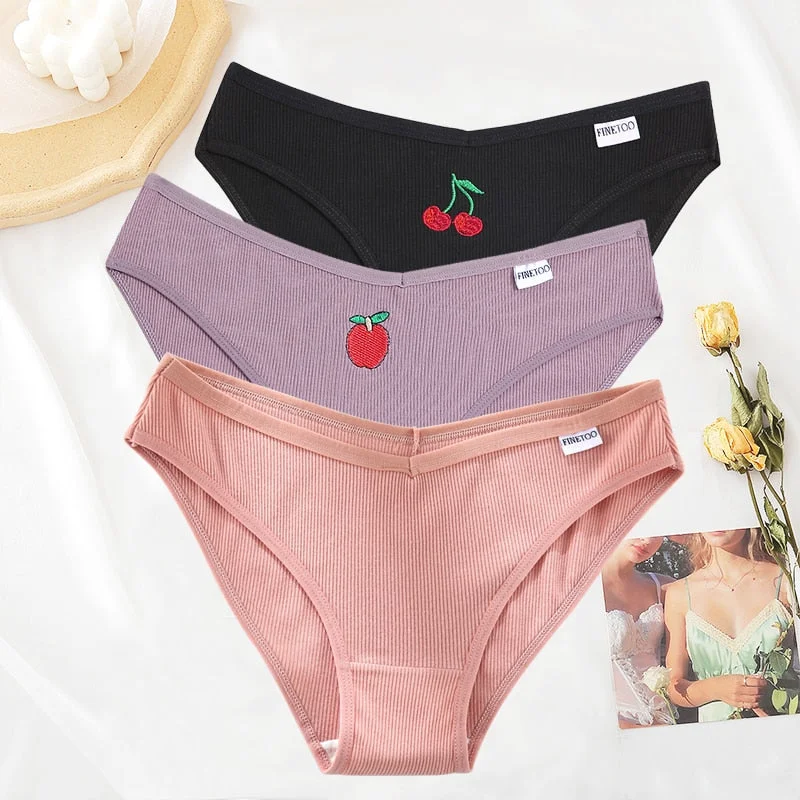 FINETOO 3PCS/Set Women Cotton Embroidery Fruit Panties Underwear V Waist Female M-XL Woman's Briefs Pantys Intimates Lingerie