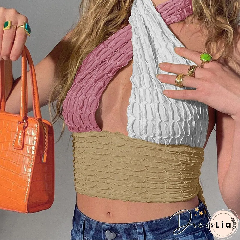 Cotton Patchwork Hollow Out Knit Crop Top Women Halter Neck Summer Sleeveless Backless