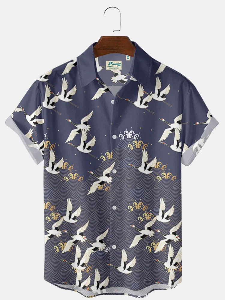 Men's Vintage Hawaiian Shirts Chinoiserie & Oriental Art Crane Japanese Pattern Wrinkle Free Tops
