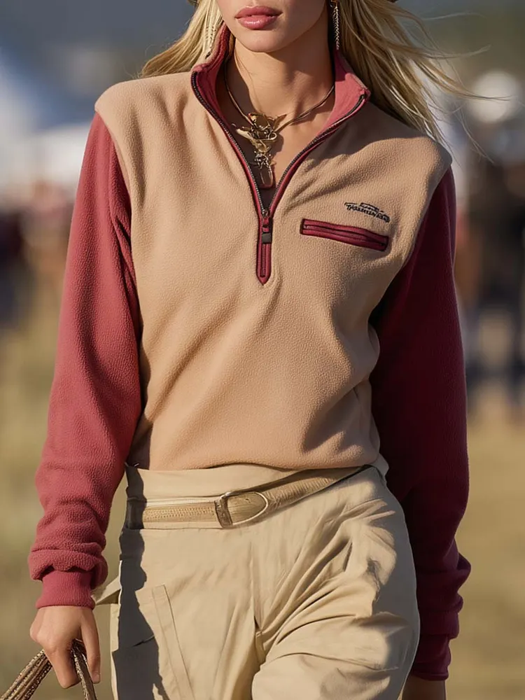 Retro Fashion Sports Pink Lapel Long-sleeved Beige Polar Fleece Sweatshirt