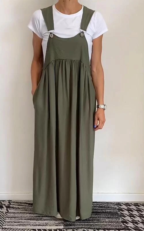 Mature Women Casual Summer Suspenders Long Cotton And Linen Dress
