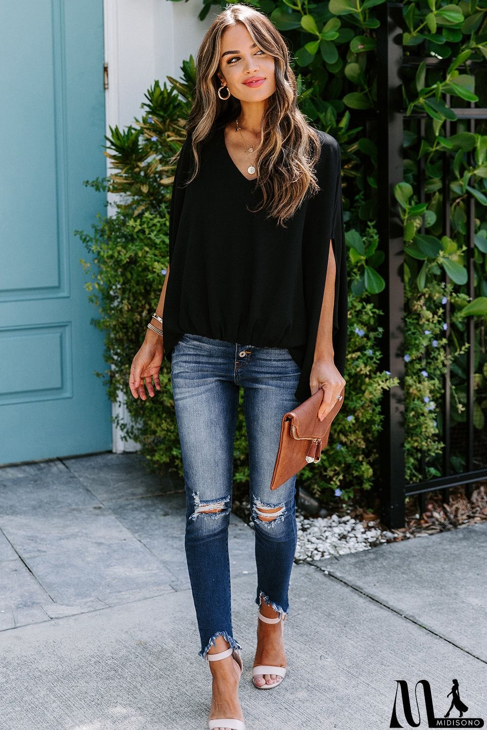 MidiSono - Draped Dolman Sleeves V Neck Blouse