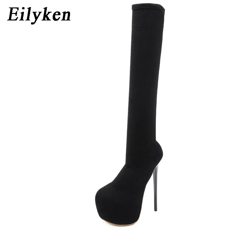 Eilyken 17CM Platform Heels Boots Woman Over Knee Winter Boot Womens Black knitting Shoes Thigh High Socks Boots Lady Shoes