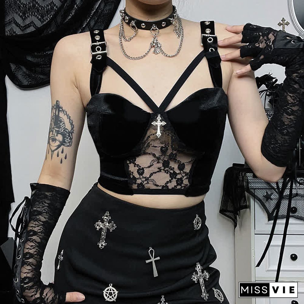 Gothic Cross Buckle Lace Hollow Out Crop Top