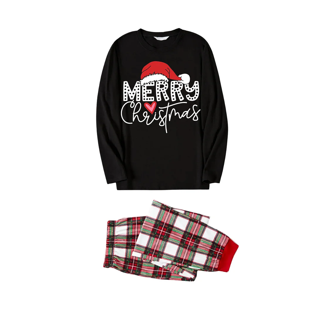 Red Santa Hat "Merry Christmas" Letter Print Black Long Sleeves Top with Green Red White Classic Plaid Pants Family Matching Pajamas