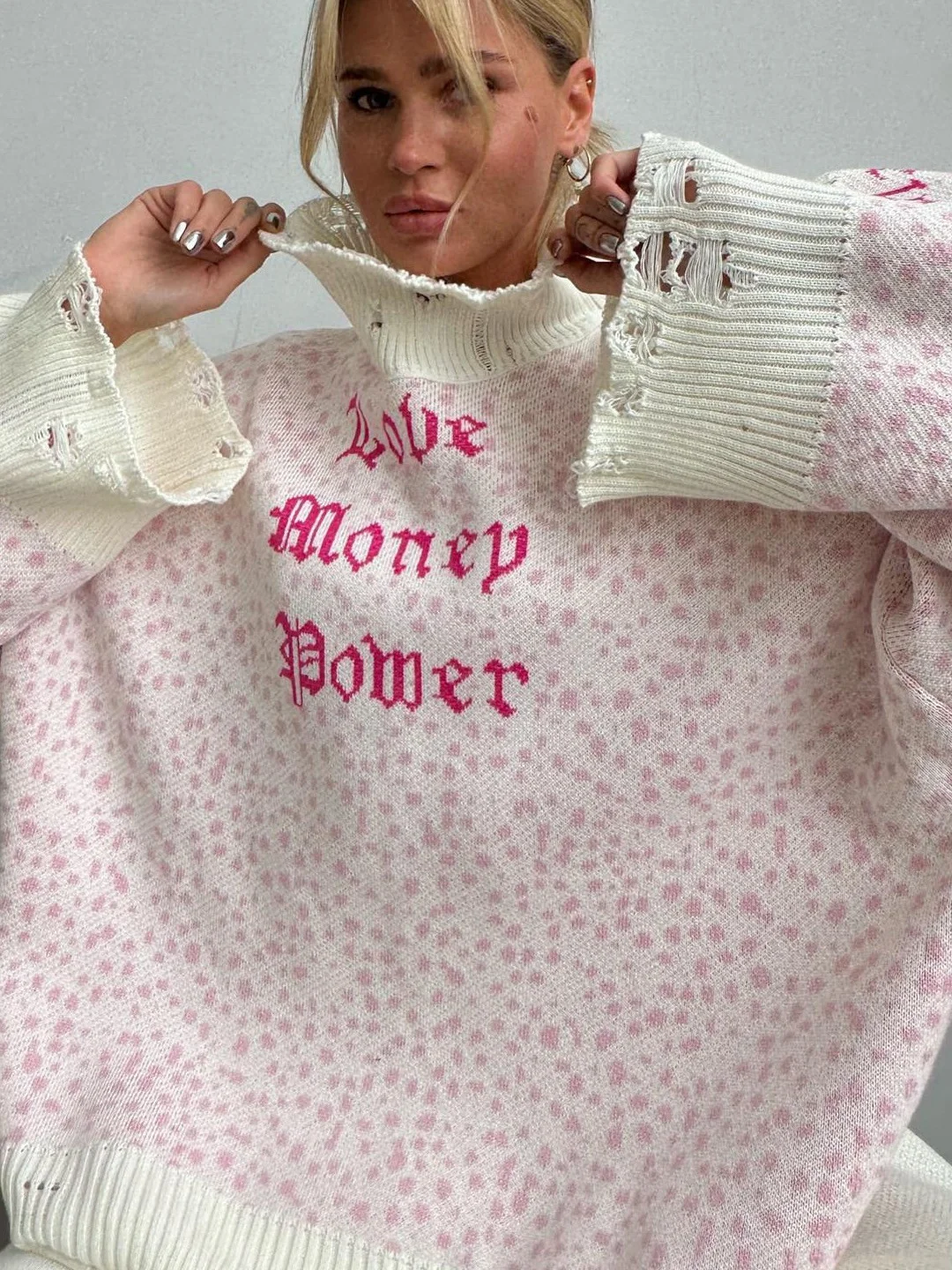 Athvotar Athvotar Blogger Wind With Loose Letter Embroidery Personality Tattered Knitted Sweater Casual Personality Sweater Women Autumn And Winter