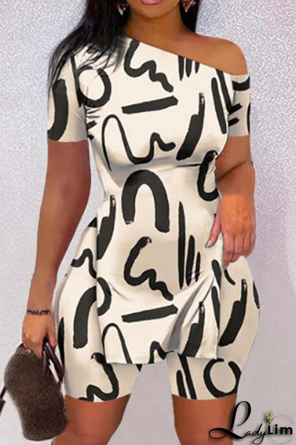 Black Casual Print Slit Oblique Collar Short Sleeve Two Pieces