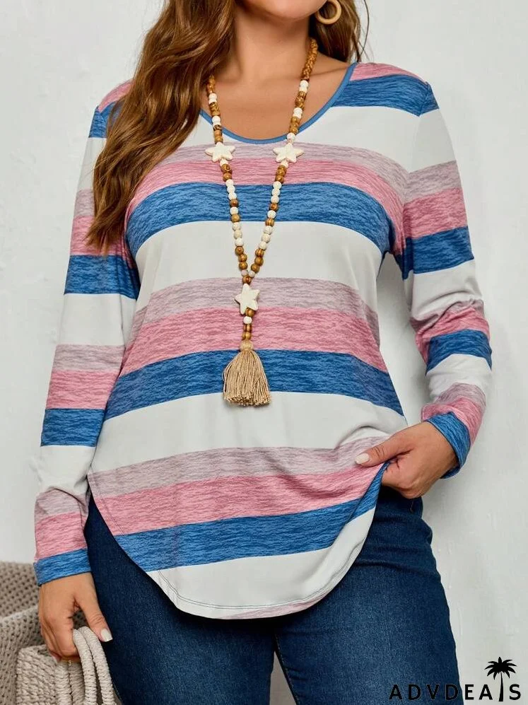 Plus Size Vacation Casual Colorblock Striped Long Sleeve T-Shirt