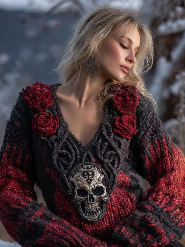 Vintage Red Roses Viking Celtic Skull V Neck Cozy Knit Sweater
