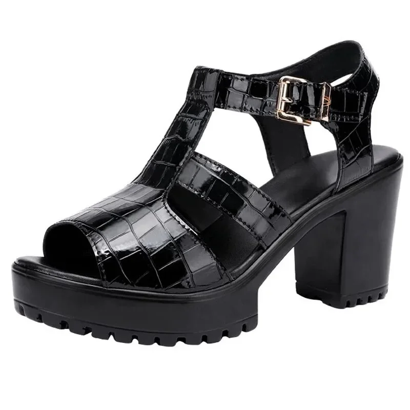 Tanguoant Small Plus Size32-43Block Heel Platform Sandals Patent Leather Summer2023Buckle Elegant High Heels Sandals Women Thick