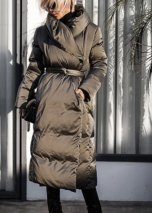 Casual Green Loose Thick tie waist Winter Duck Down down coat