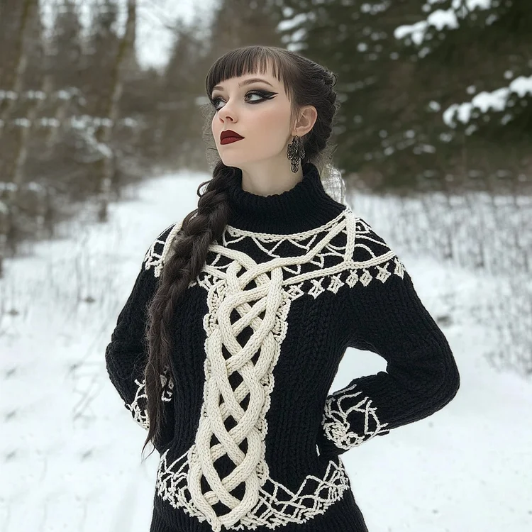 Women's Tribal Viking Celtic Knotwork Jacquard Turtleneck Sweater