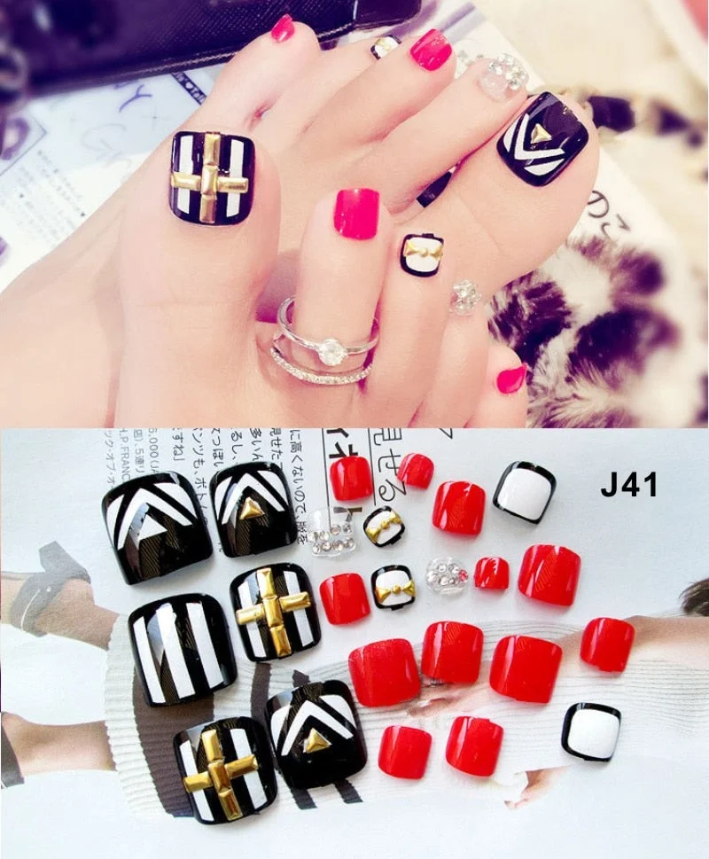 24 Pcs/Set Fresh Style Toe Fake Nails 3D Foot Full Toes Nail Art Tips False Nails  for Lady Girls Toenails Press on Nail-Nail Inspo