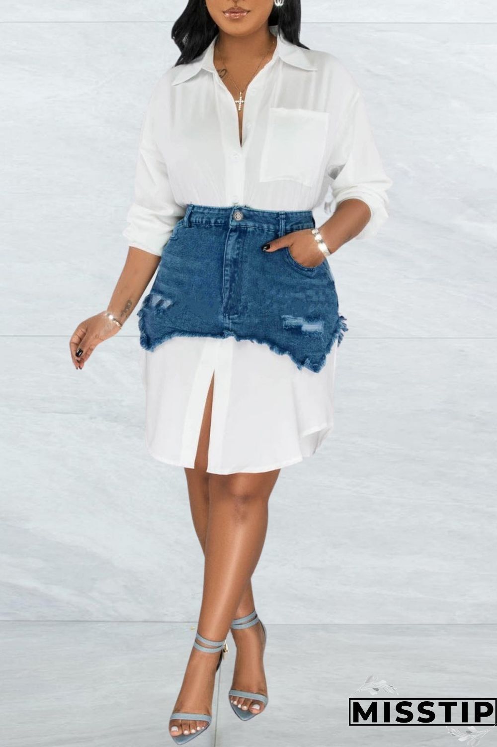 Black Casual Solid Ripped Turndown Collar Long Sleeve Two Pieces