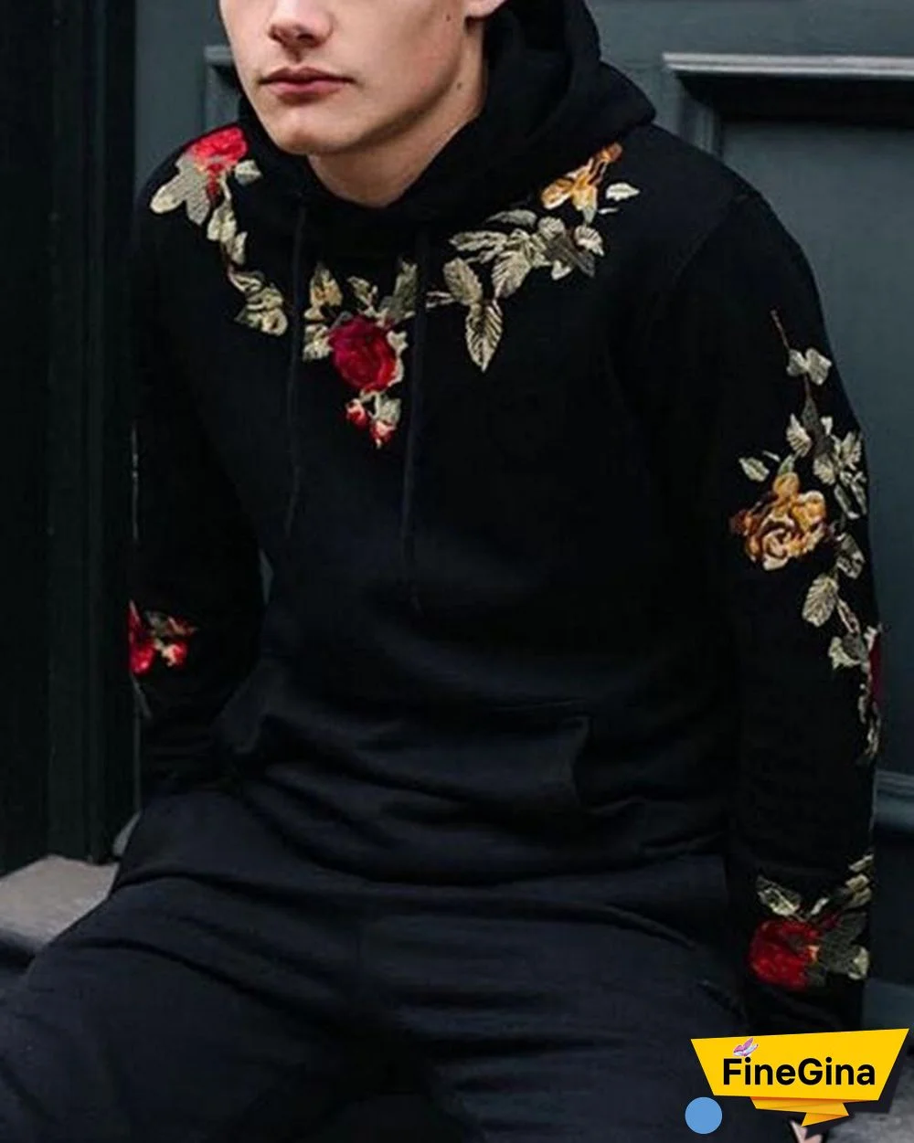 Fashion Mens Floral Embroidery Sweatshirts Hoodie