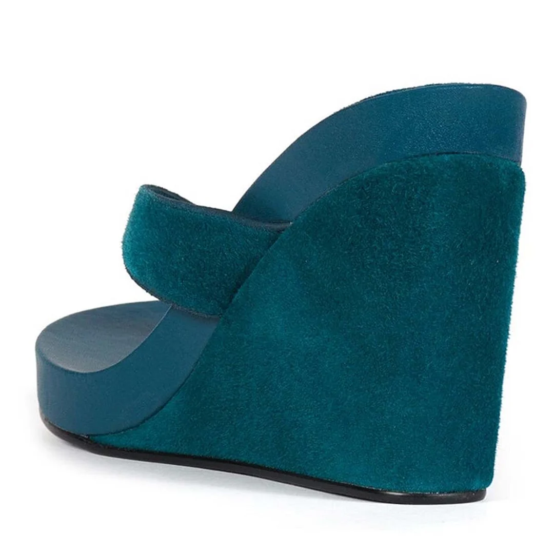 Blue Vegan Suede Open Round Toe Wedge Heeled Sandals with Platform