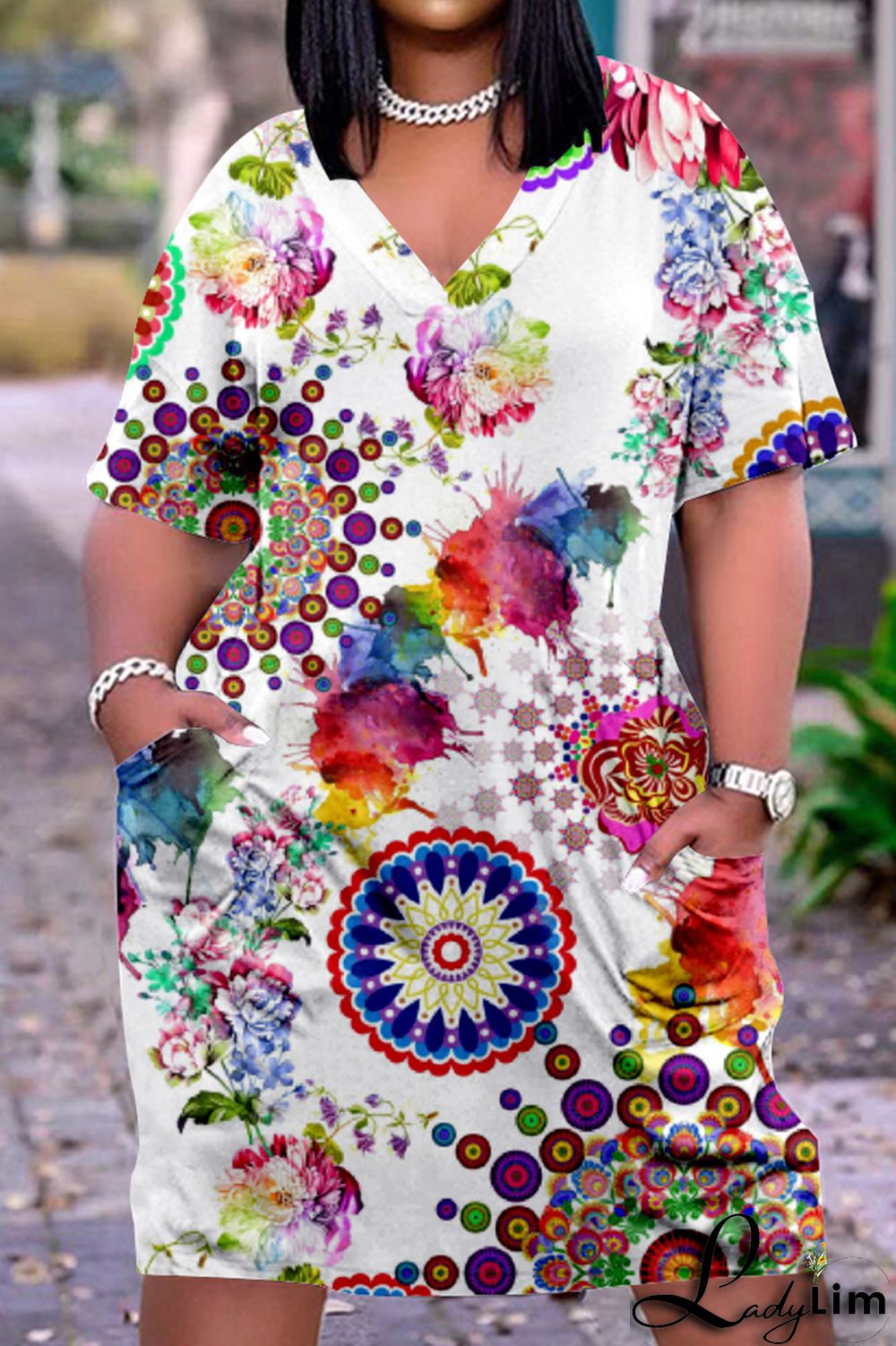 Colour Fashion Casual Print Basic V Neck Short Sleeve Dress