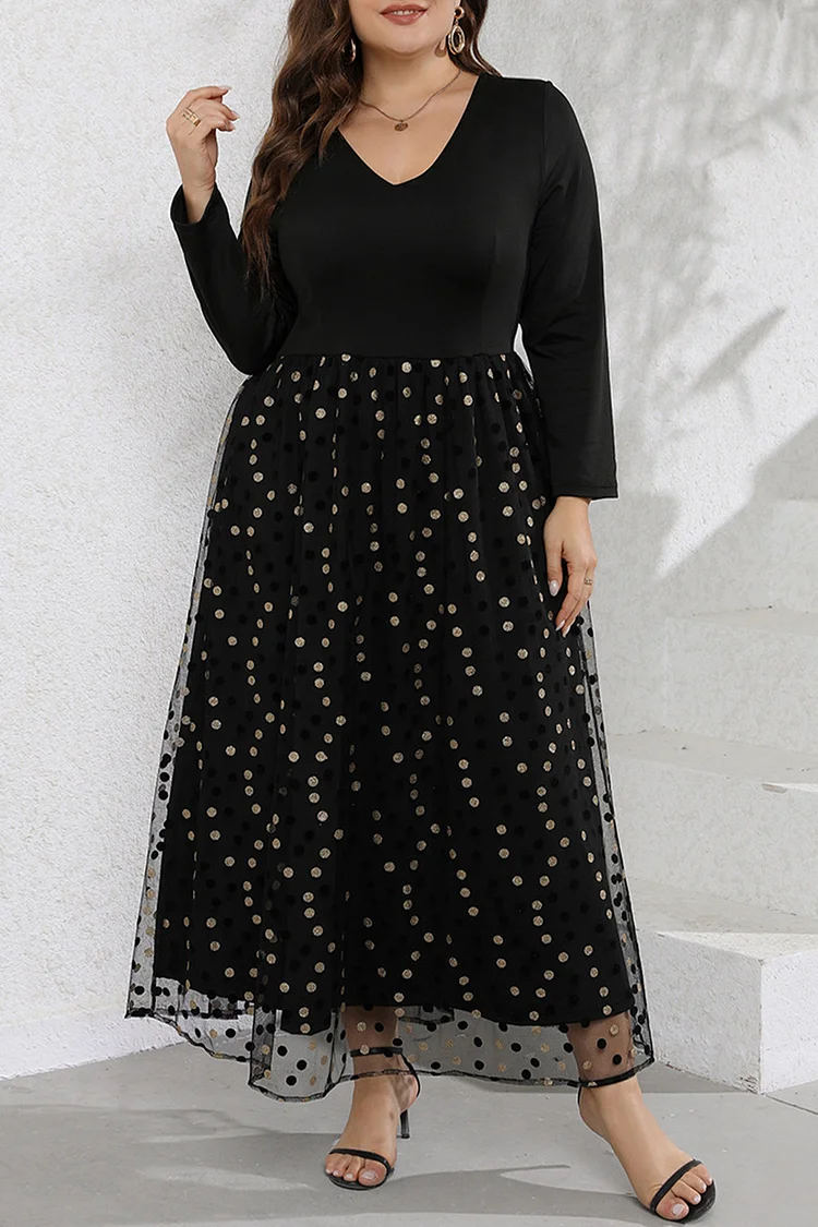 Plus Size  Black V Neck Long Sleeve Tulle Polka Dot Tunic Maxi Dress  Flycurvy [product_label]