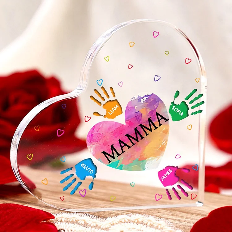 MAMMA/NONNA Decorazione acrilica impronta di mano a forma di cuore 5 nomi personalizzati per mamma/nonna