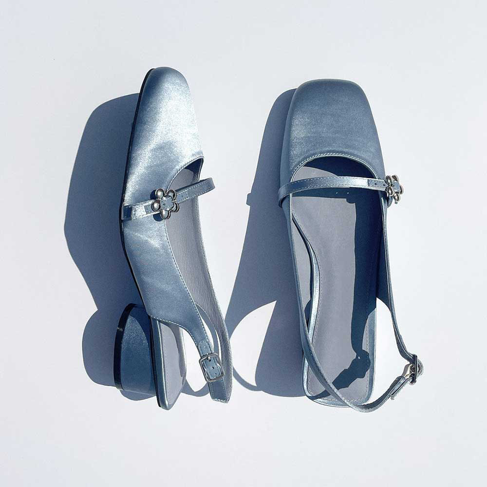 Blue Satin Closed Square Toe Floral Buckle Slingback Pumps With Chunky Heels Nicepairs
