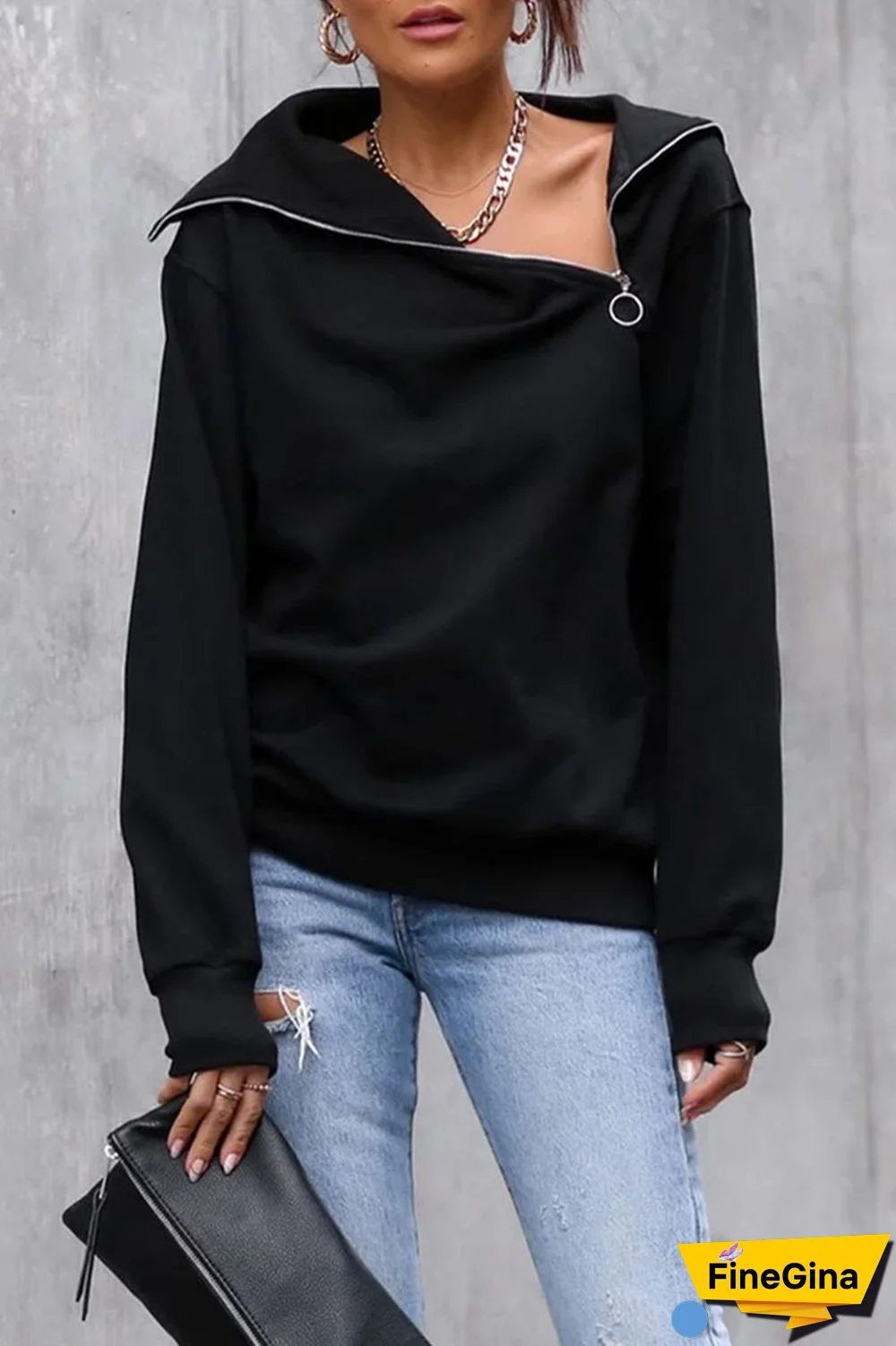 Street Solid Zipper Asymmetrical Collar Tops