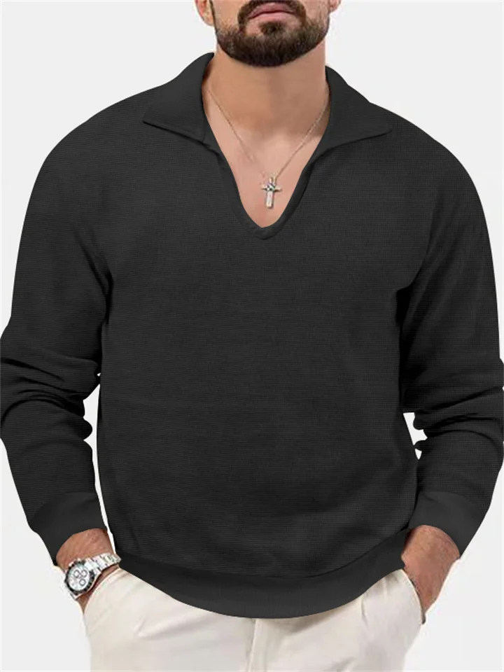 Lapel V-neck Men's Fashion Slim Long-sleeved Waffle T-shirt Fall New Bottoming Comfortable Casual Men's Clothing-Cosfine