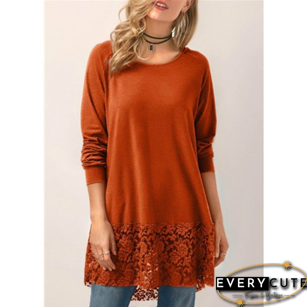 Women Fashion Solid Color Hoodies Long Sleeved T-shirt Autumn Lace Hooded Sweater Plus Size