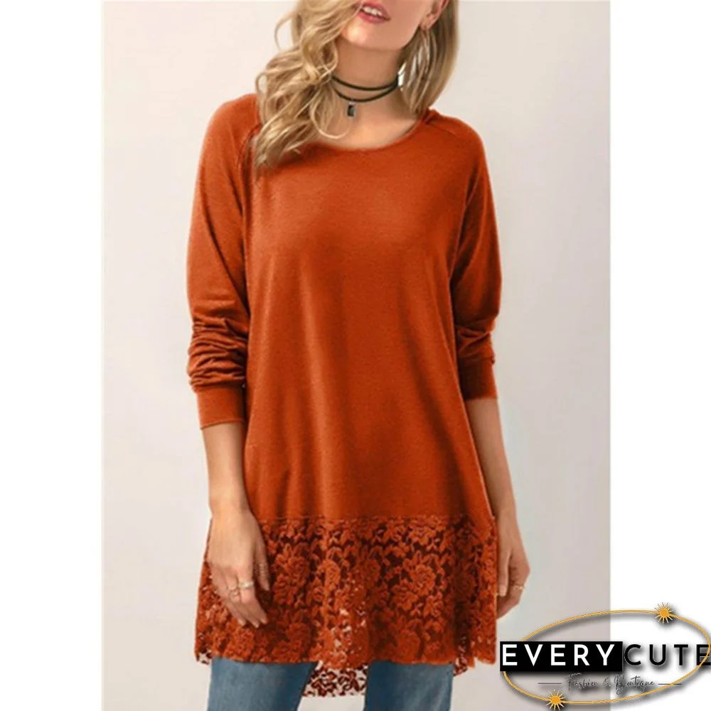 Women Fashion Solid Color Hoodies Long Sleeved T-shirt Autumn Lace Hooded Sweater Plus Size