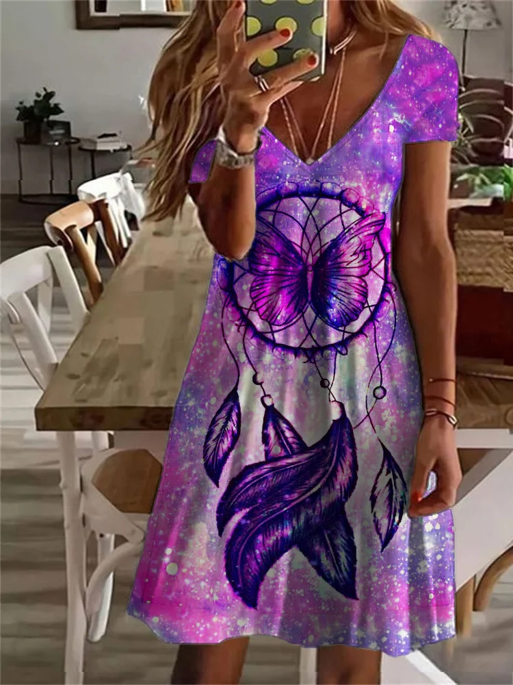 Butterfly Dream Catcher Galaxy V Neck Midi Dress