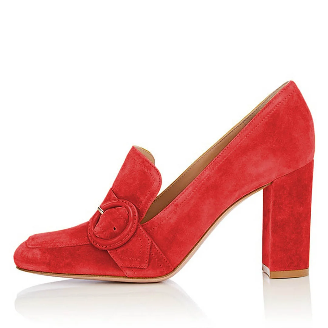 YDN Classic Red Vegan Suede Round Buckle Square Toe Loafer Heels
