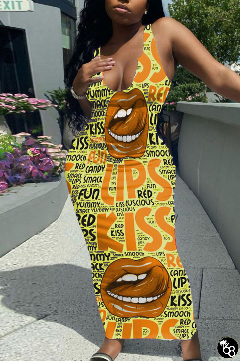 Yellow Sexy Street Print Patchwork U Neck Pencil Skirt Dresses | 168DEAL