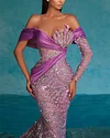 Women's Purple Off Shoulder Sequin Mesh Evening Dress - 01