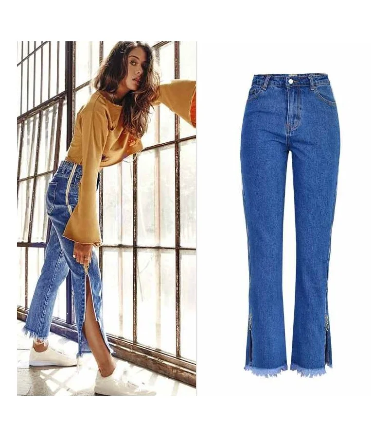 Women Fashion Side-slit Design Solid Color Flare Jeans