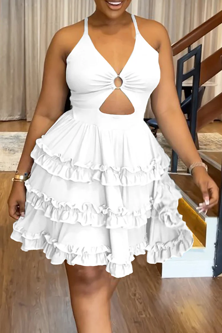 Plus Size White Vacation Cut Out Sleeveless Ruffle Babydoll Mini Dresses 