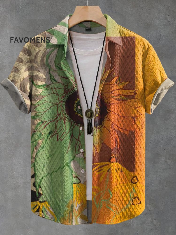 Vintage Large Sunflower Print Casual Jacquard Shirt Multicolor / S