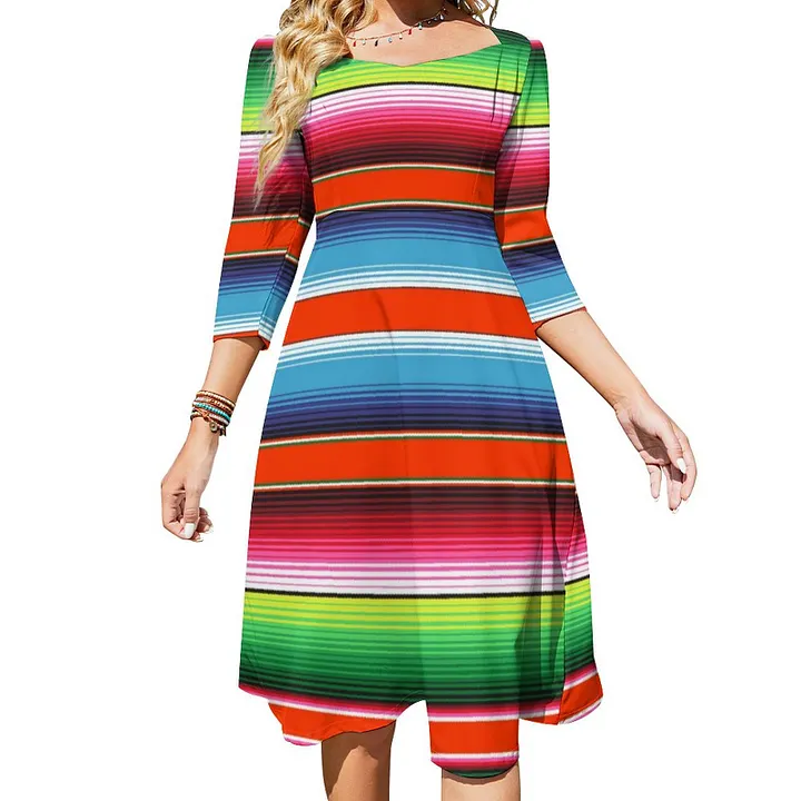 spanish midi dress SFNEEWHO Traditional Spanish Serape Fiesta Mexican Blanket Dress Sweetheart  Tie Back Flared 3/4 Sleeve Midi Dresses