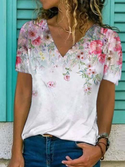 Women's Short Sleeve V-neck Printed Tops