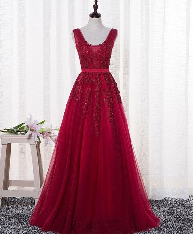 Red V Neck Tulle Long Prom Dress, Lace Evening Dress