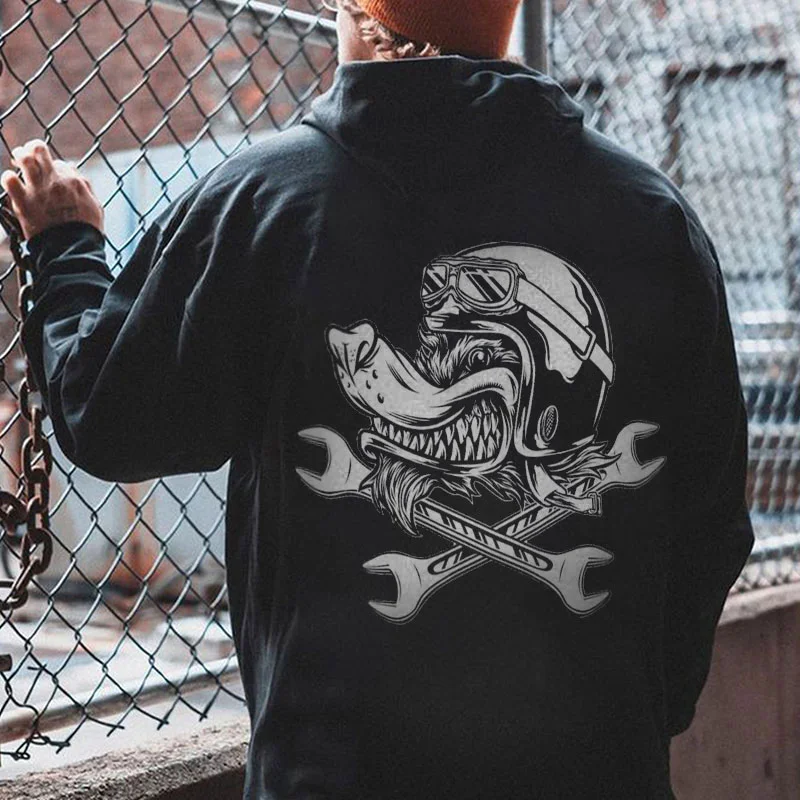 Jackal with Helmet and Goggles Casual Graphic Black Print Hoodie
