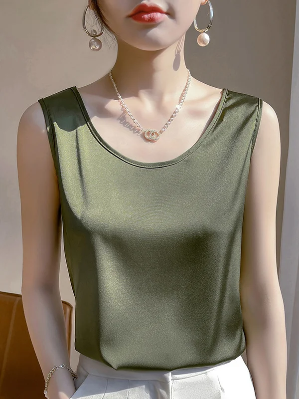Loose Sleeveless Solid Color Round-Neck Vest Top