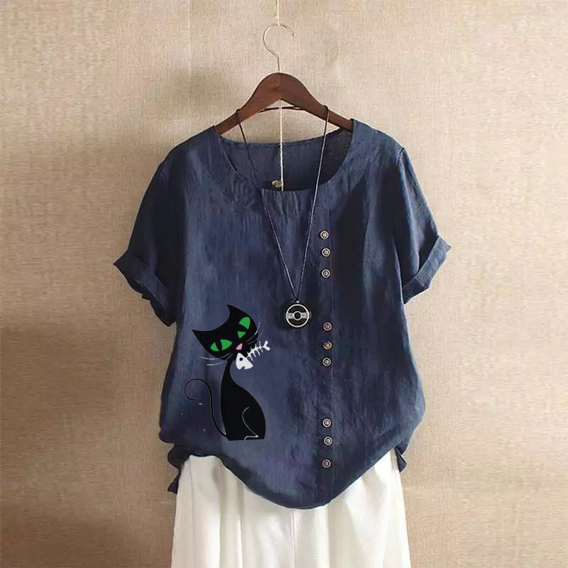 Groksage Woman Blouse 2025 Summer Retro Casual Loose Fitting Cotton And Linen Short Sleeved Pullover Shirt Ladies Botton Cat Print Tops
