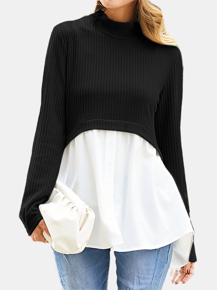 Contrast Color Long Sleeve Patchwork Casual Blouse For Women P1788556