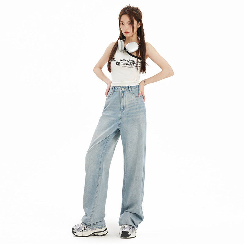 outfit inspo Korean Style Casual Contrast Color Printed Pocket Jeans for Women 2024 Summer New High Waist Loose Wide Leg Straight Pants