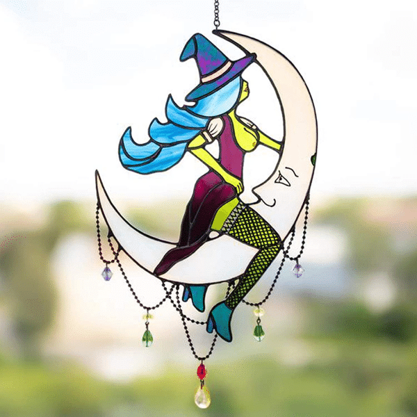 Halloween Witch On Moon Decor Suncatcher Window Hangings