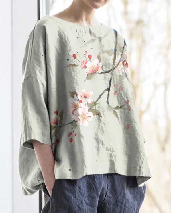 Japanese Floral Print Round Neck Cotton and Linen Loose Top
