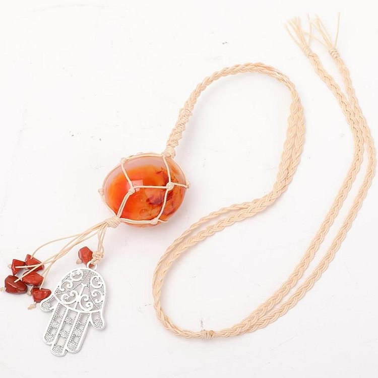 Straw Rope Wrapped Carnelian Stone Adjustable Necklace